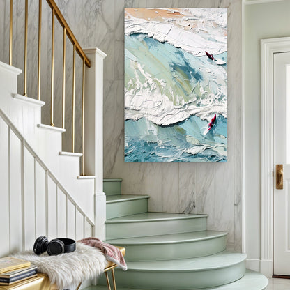3D Sea Wall Art canvas featuring textured teal and white ocean waves with two red boats, on Tampa Home & Garden Store