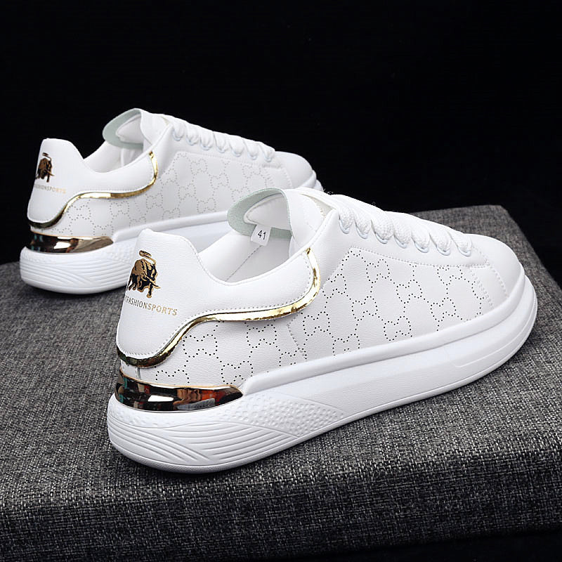 Stevvex white platform sneakers, pair with gold heel trim and dotted pattern on Tampa Home & Garden Store