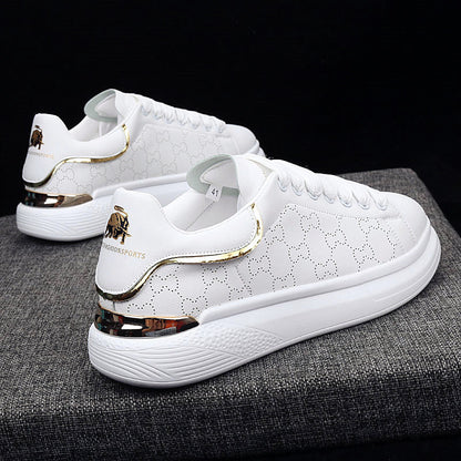 Stevvex white platform sneakers, pair with gold heel trim and dotted pattern on Tampa Home & Garden Store