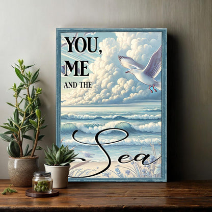 Canvas You Me and the Sea Coastal Sign IV by Tailored Canvases in a blue frame with a seagull on Tampa Home & Garden Store