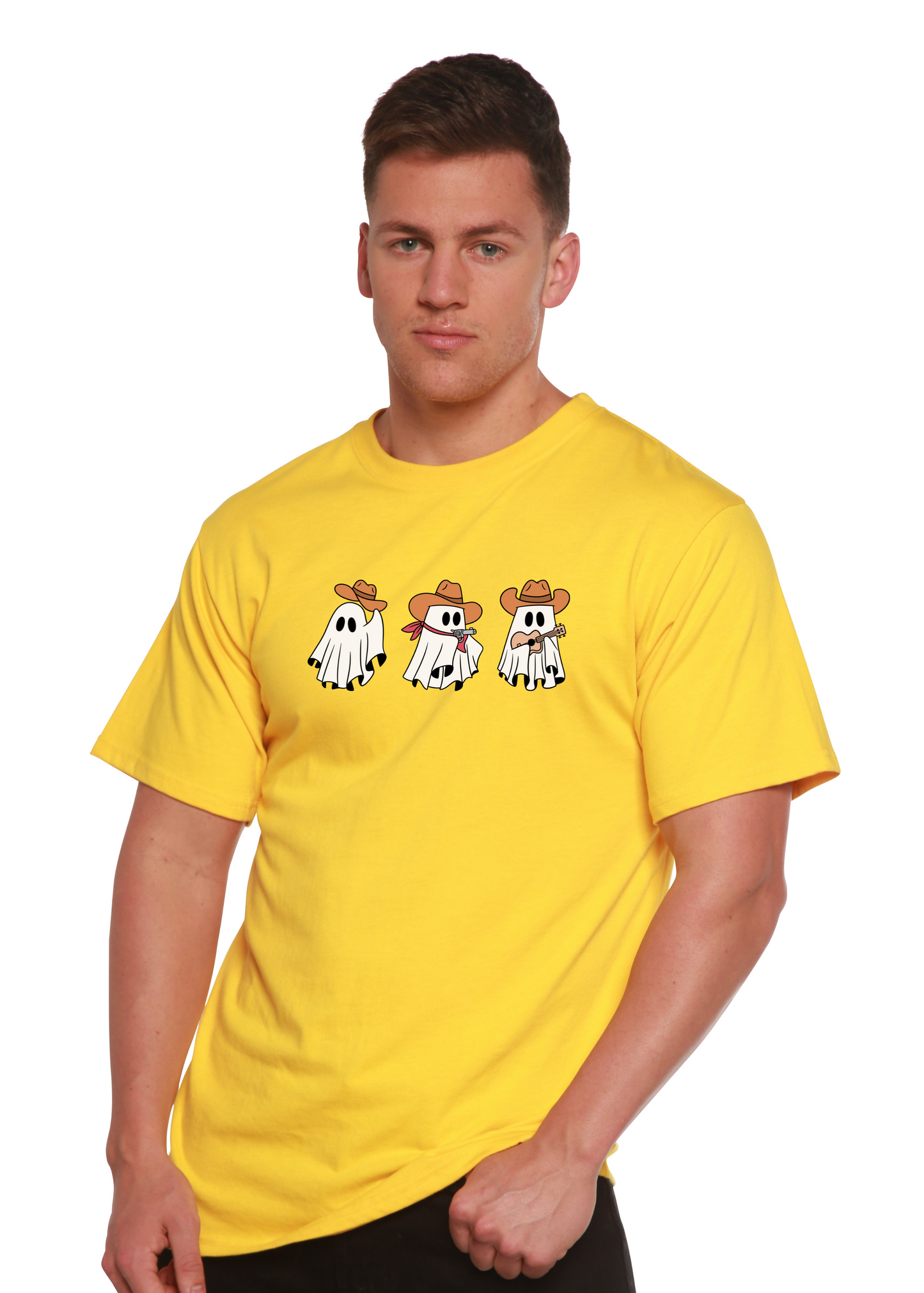 Spun Bamboo Cowboy Ghosts unisex short sleeve yellow T-shirt with four cartoon cowboy ghosts on Tampa Home & Garden Store