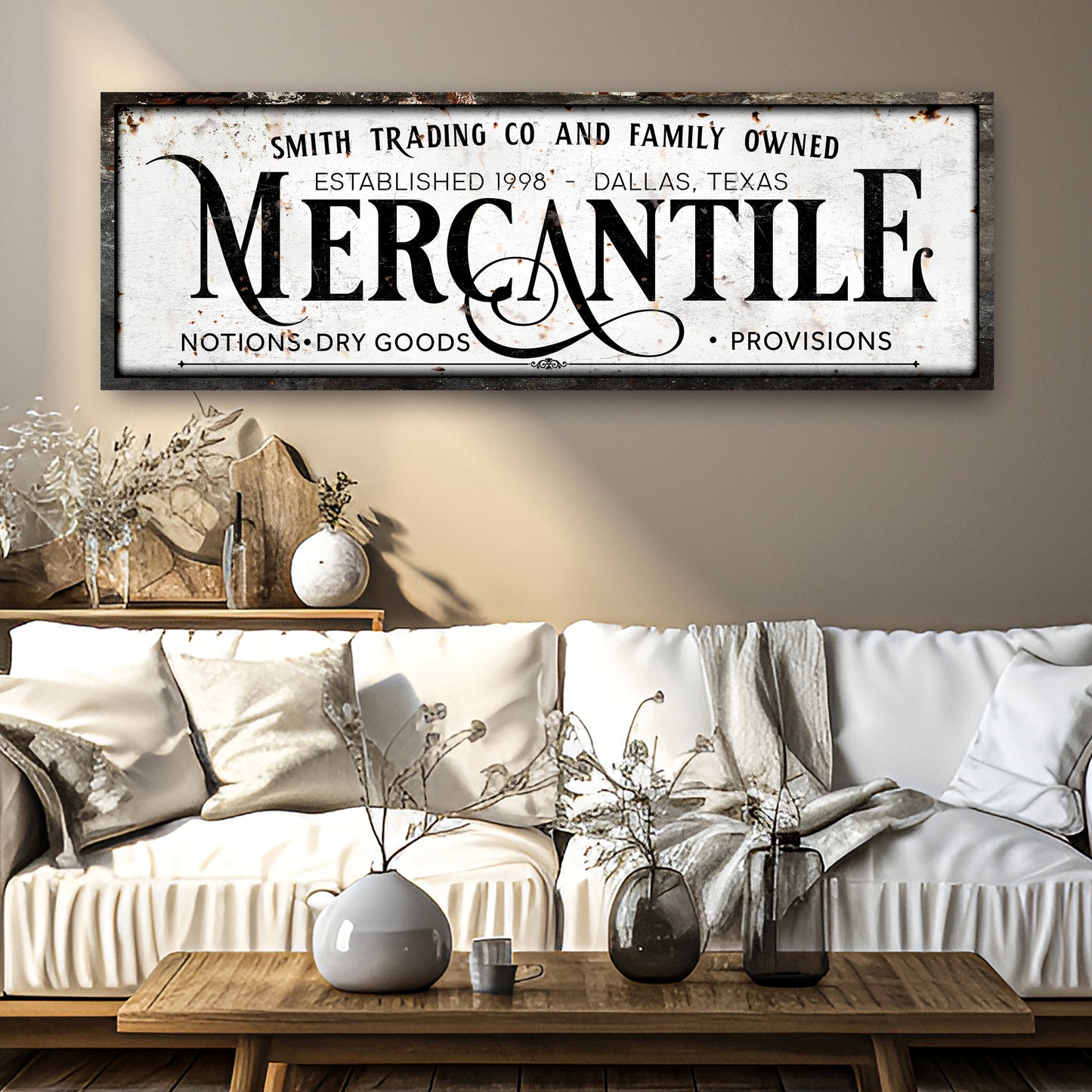 Mercantile Sign canvas by Tailored Canvases with white background and bold MERCANTILE lettering on Tampa Home & Garden Store