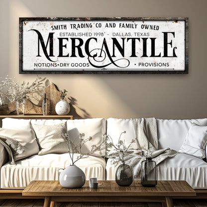 Mercantile Sign canvas by Tailored Canvases with white background and bold MERCANTILE lettering on Tampa Home & Garden Store