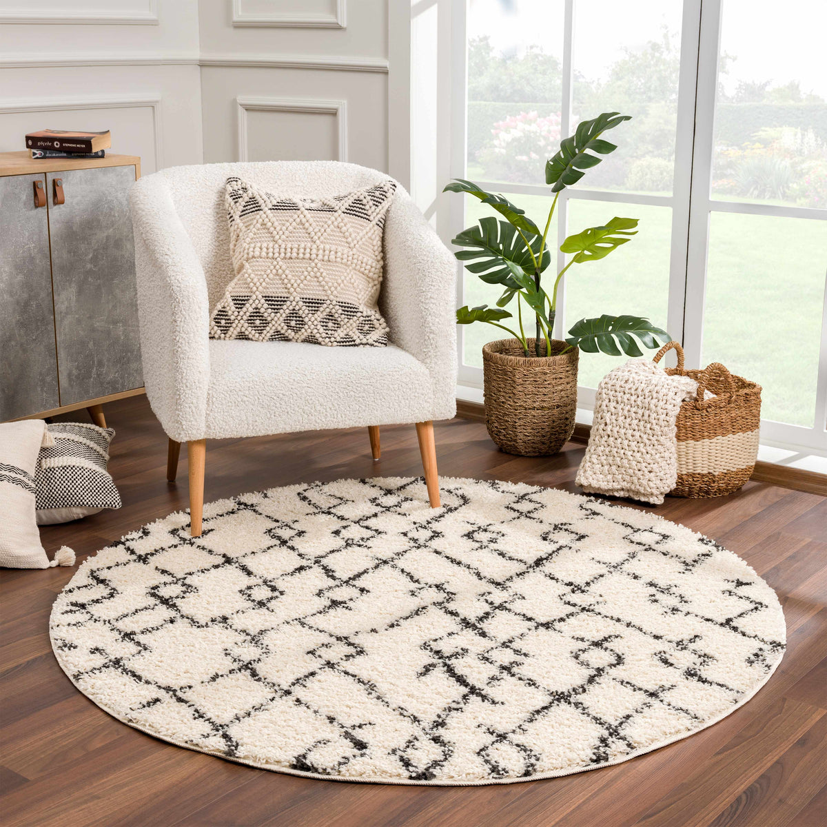 Pahala Moroccan Shag Area Rug in cream with black lattice pattern by Boutique Rugs on Tampa Home & Garden Store