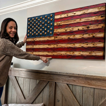 Old Glory American Flag Wall Art canvas with blue star field and rustic red-beige stripes on Tampa Home & Garden Store
