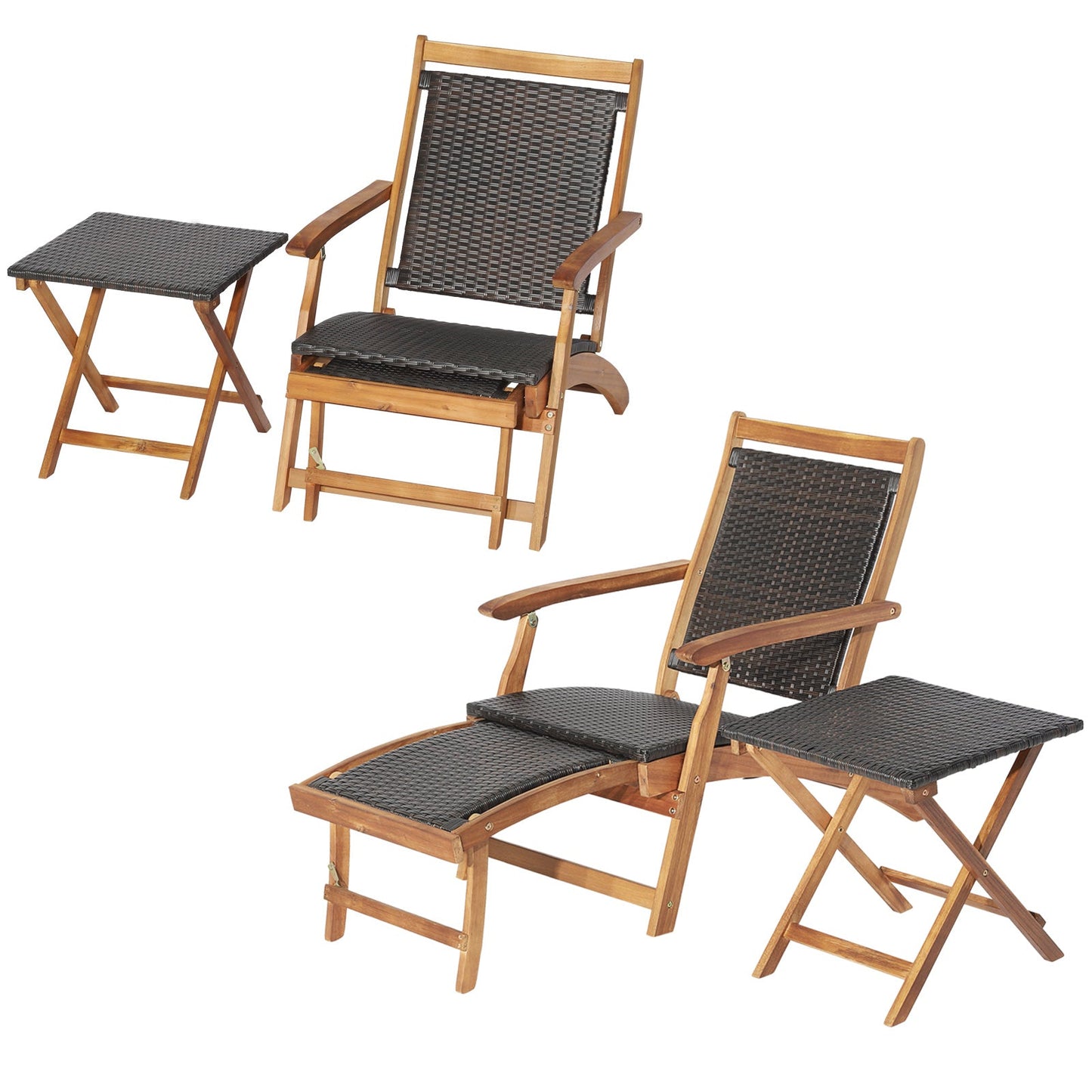 2 tumbonas plegables de ratán para patio con mesa de madera de acacia
