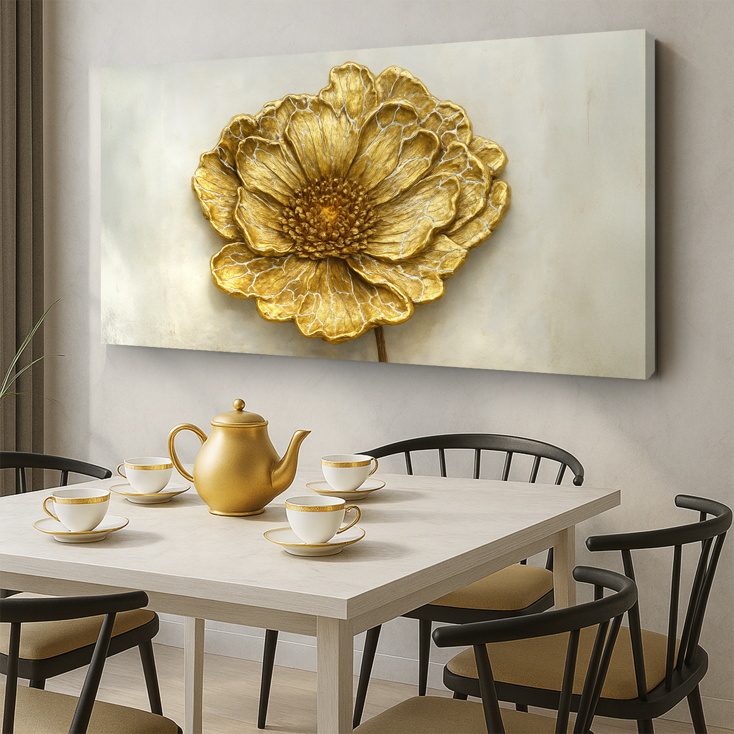 Golden Dandelion minimalist canvas wall art by Tailored Canvases, gold flower on light backdrop on Tampa Home & Garden Store