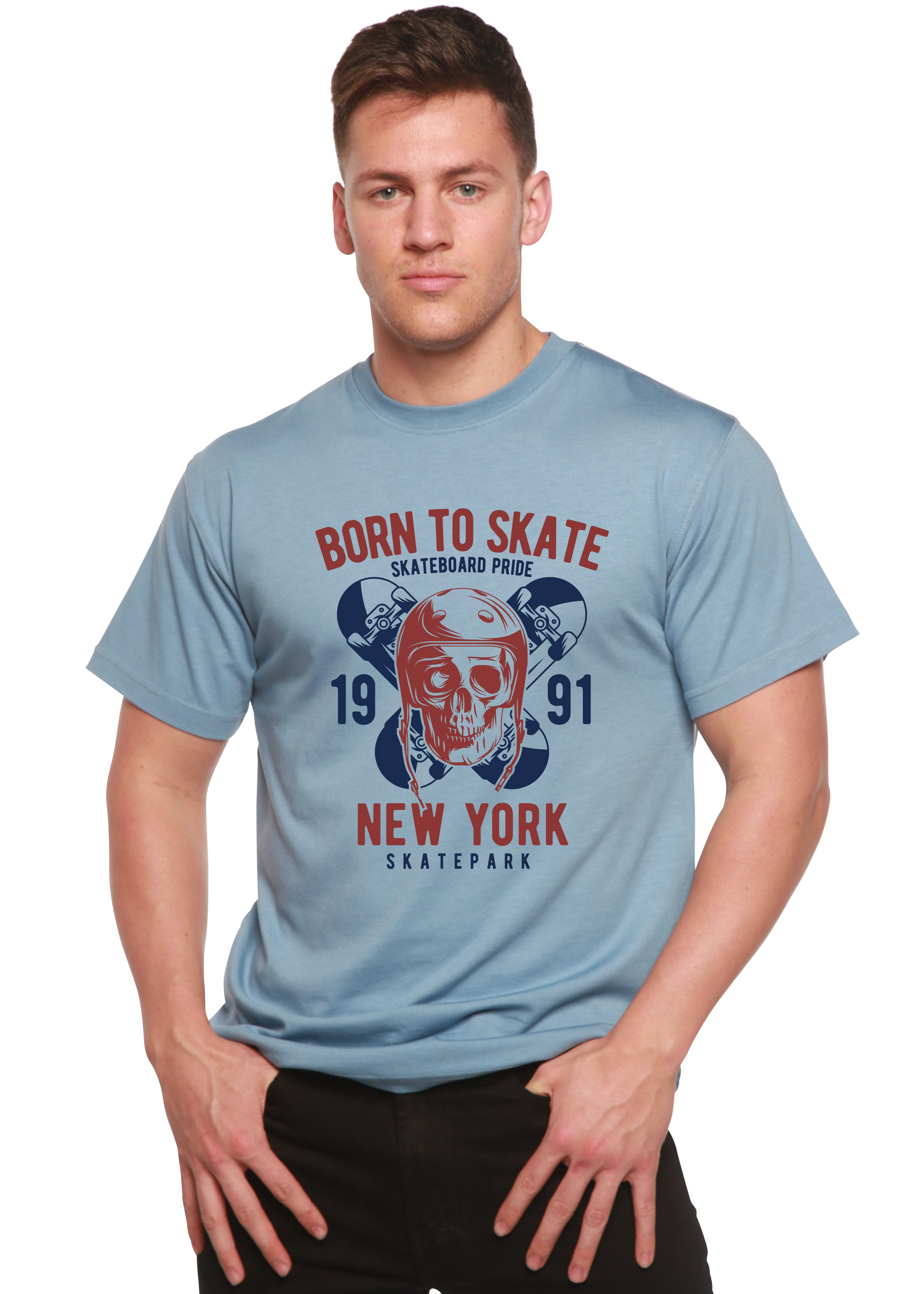 Men's light blue graphic tee Born To Skate 1991 bamboo viscose/organic cotton Spun Bamboo on Tampa Home & Garden Store
