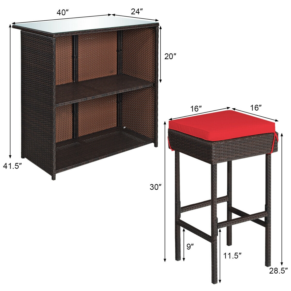 Juego de comedor de 3 piezas para patio de mimbre con mesa alta y taburetes - Rojo