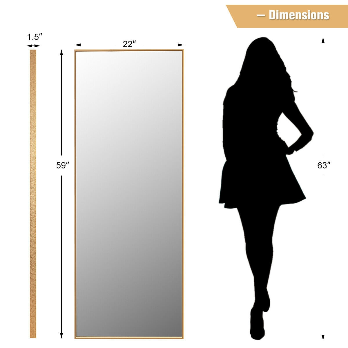 Espejo de cuerpo entero de 59 pulgadas, espejo de dormitorio rectangular grande, dorado