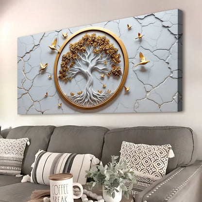 3D Celtic Tree of Life wall art canvas in white with gold ring on cracked backdrop on Tampa Home & Garden Store