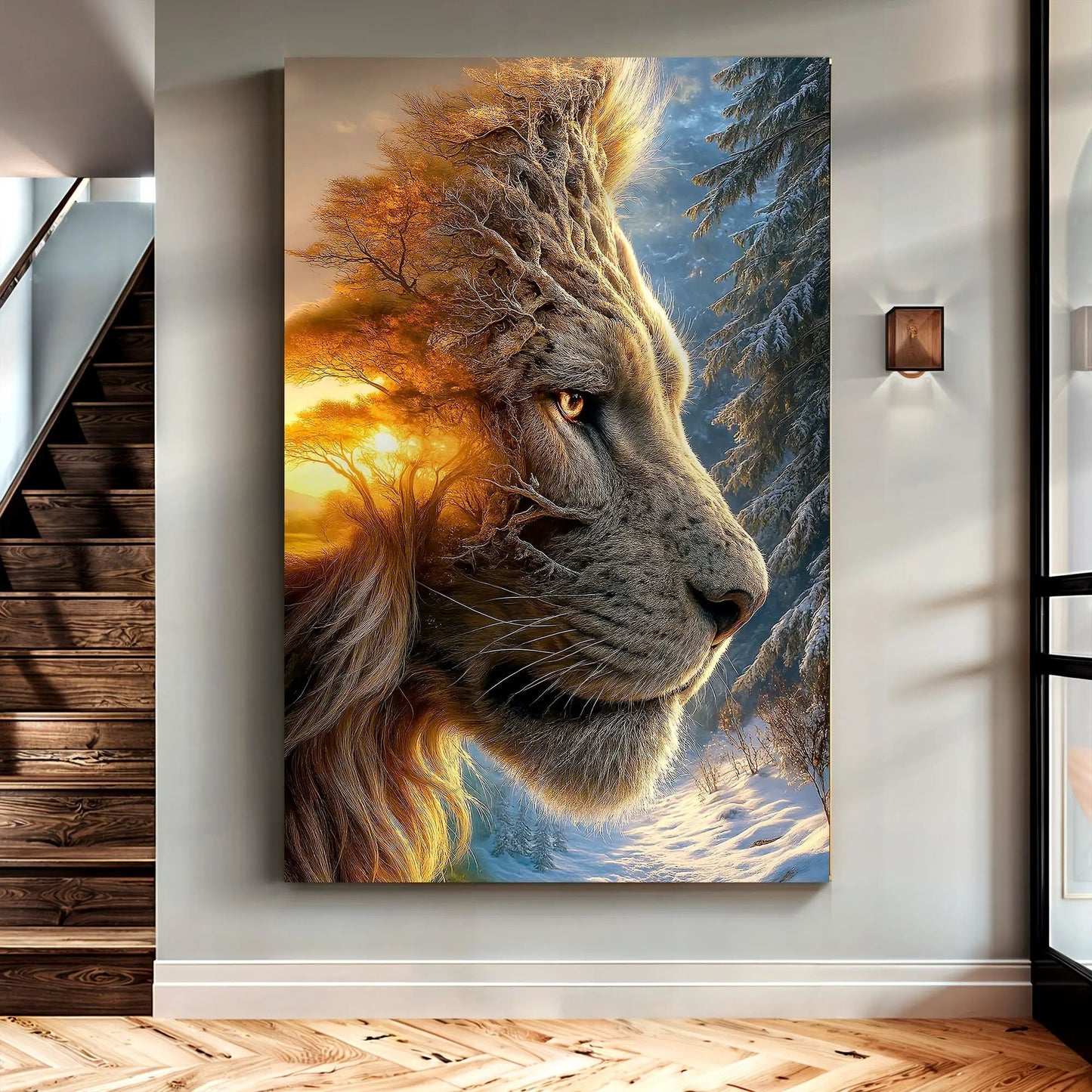 Lion and Surreal Winter Summer Wall Art Canvas