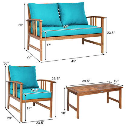 Juego de Muebles de Patio de Madera de 4 Piezas con Mesa, Sofá, Silla y Cojines para Jardín