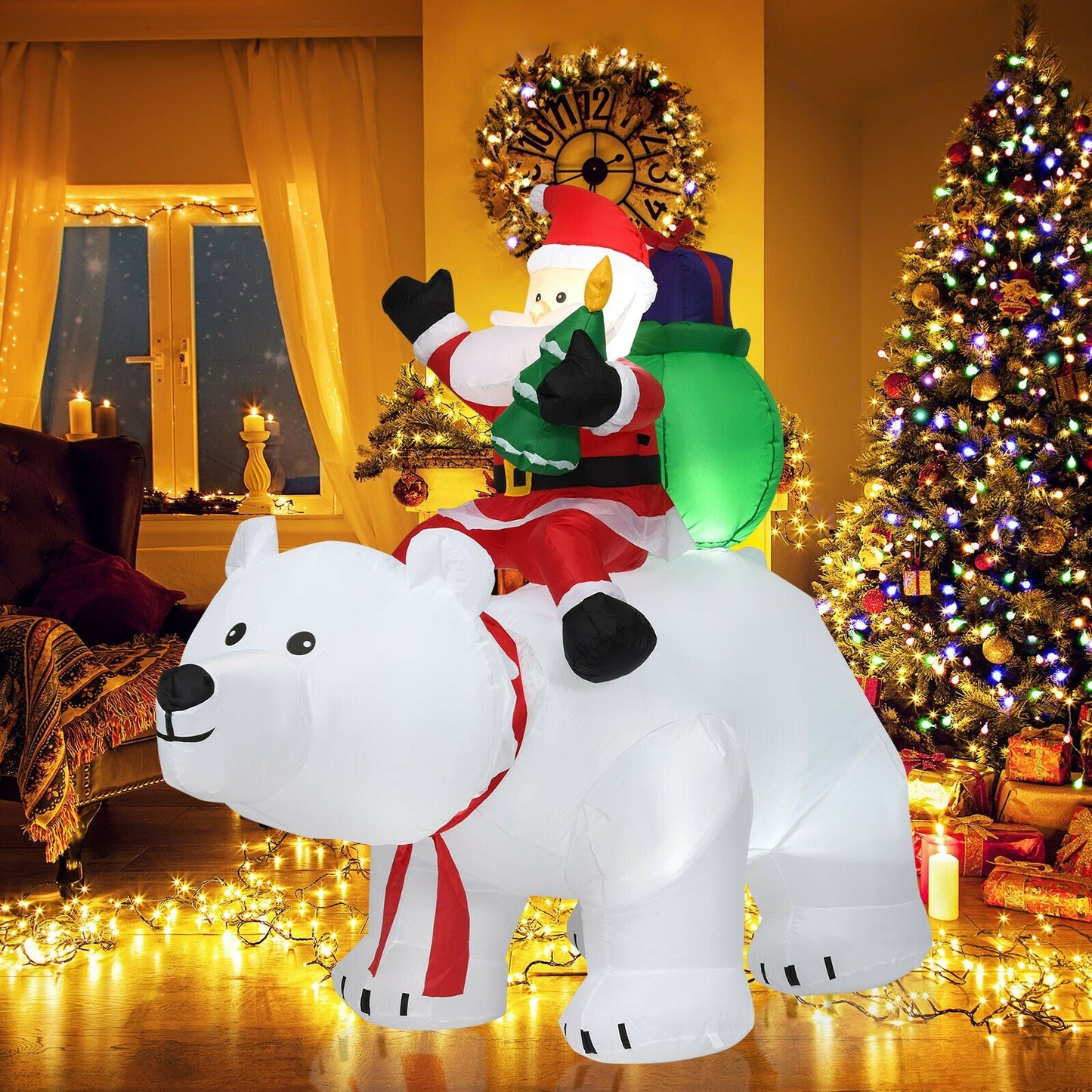 6.5 ft inflatable Santa riding a white polar bear with shaking head and LED lights on Tampa Home & Garden Store
