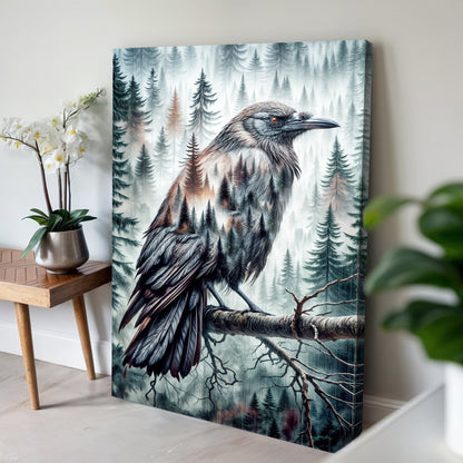 Crow Double Exposure Wall Art canvas by Tailored Canvases; misty pine forest with a crow on Tampa Home & Garden Store