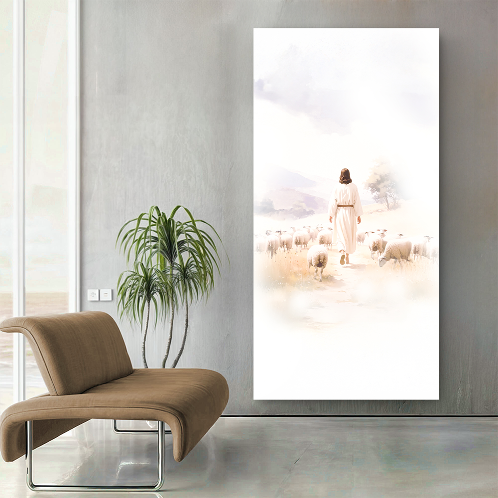99 Faith Wall Art VII canvas by Tailored Canvases vertical pastoral scene with a woman and sheep on Tampa Home & Garden Store