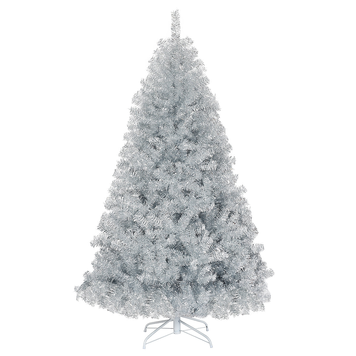 Árbol de Navidad artificial de oropel plateado de 1,8 m con bisagras sin luces y base de metal