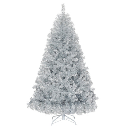 Árbol de Navidad artificial de oropel plateado de 1,8 m con bisagras sin luces y base de metal