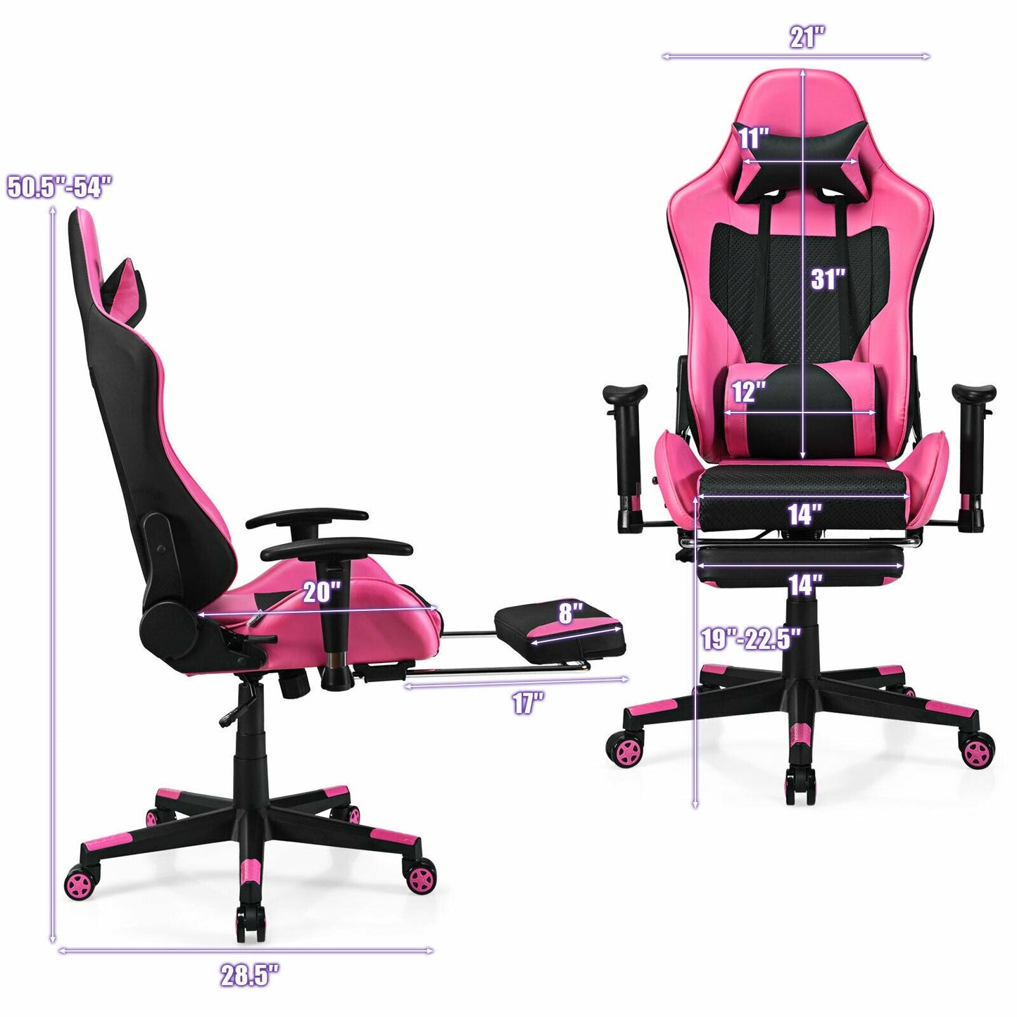 Silla Gaming de Cuero Sintético con Cojín Lumbar de Masaje USB y Reposapiés - Rosa