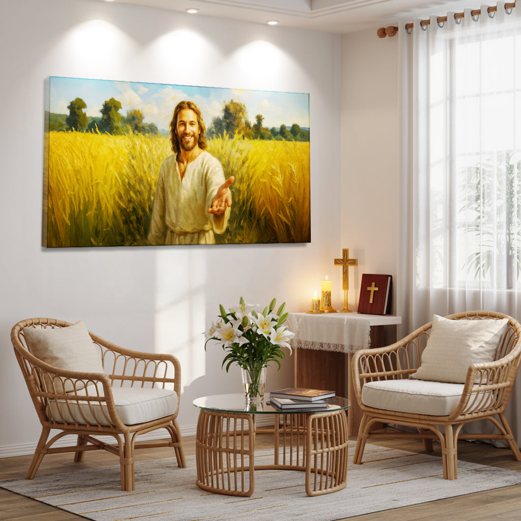 Savior's Invitation Faith Wall Art II canvas by Tailored Canvases with Jesus in a wheat field in a bright living room on Tampa Home & Garden Store