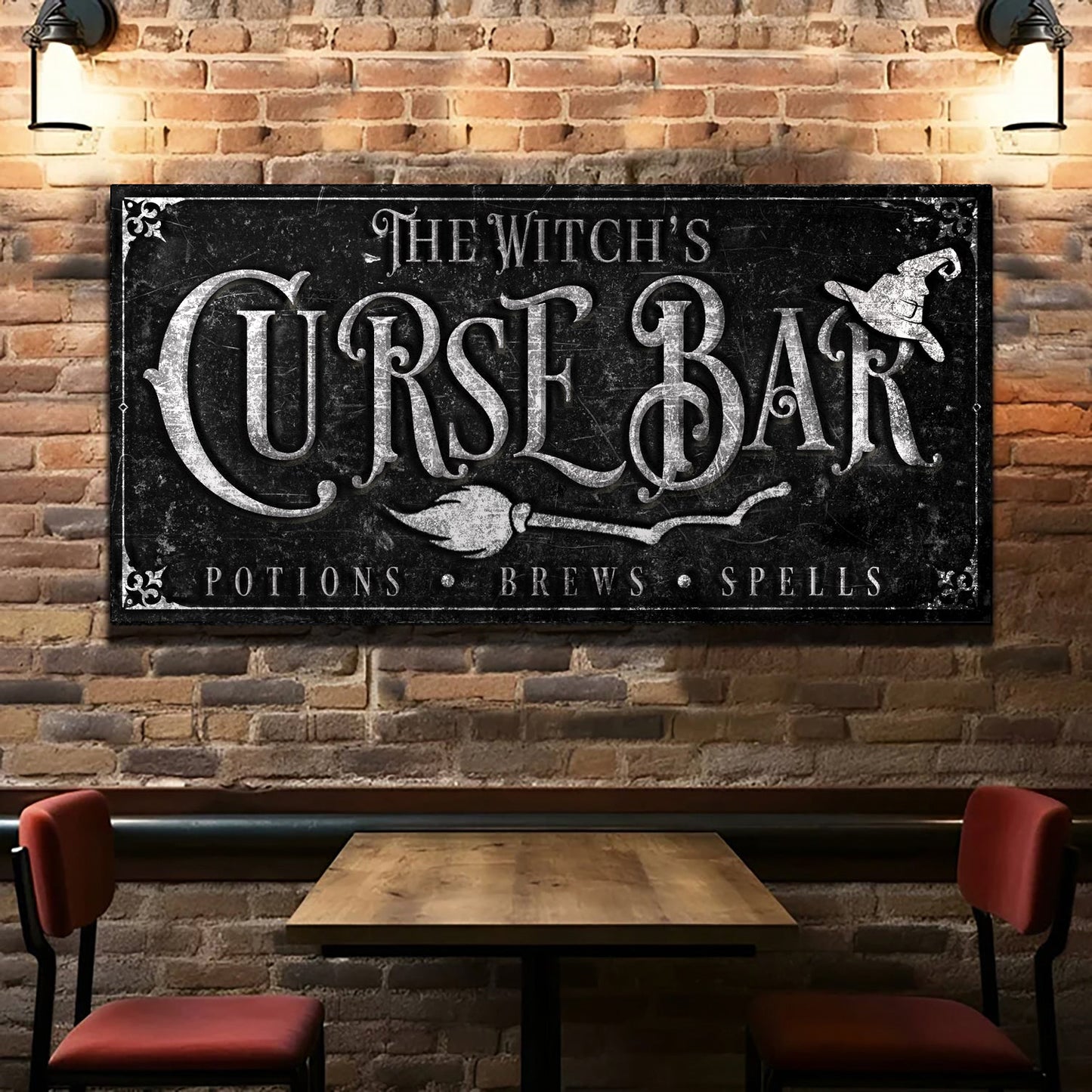 Canvas The Witch's Curse Bar Sign Tailored Canvases chalkboard-black with silver lettering on Tampa Home & Garden Store