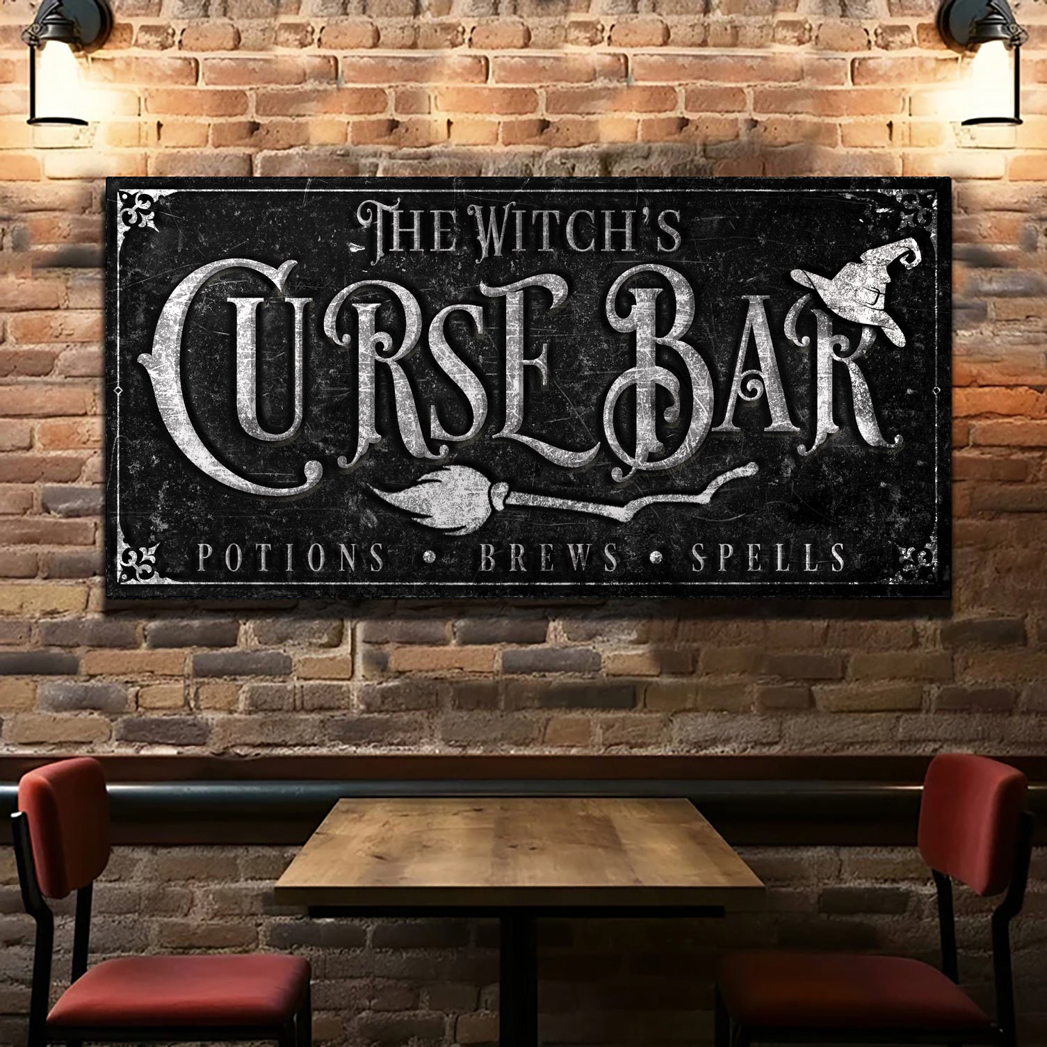Canvas The Witch's Curse Bar Sign Tailored Canvases chalkboard-black with silver lettering on Tampa Home & Garden Store