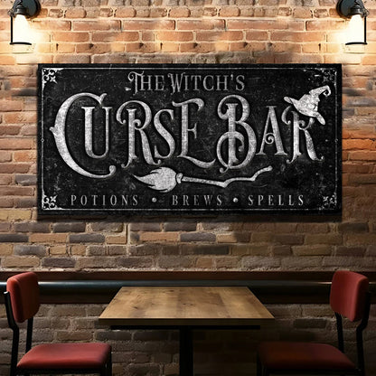 Canvas The Witch's Curse Bar Sign Tailored Canvases chalkboard-black with silver lettering on Tampa Home & Garden Store
