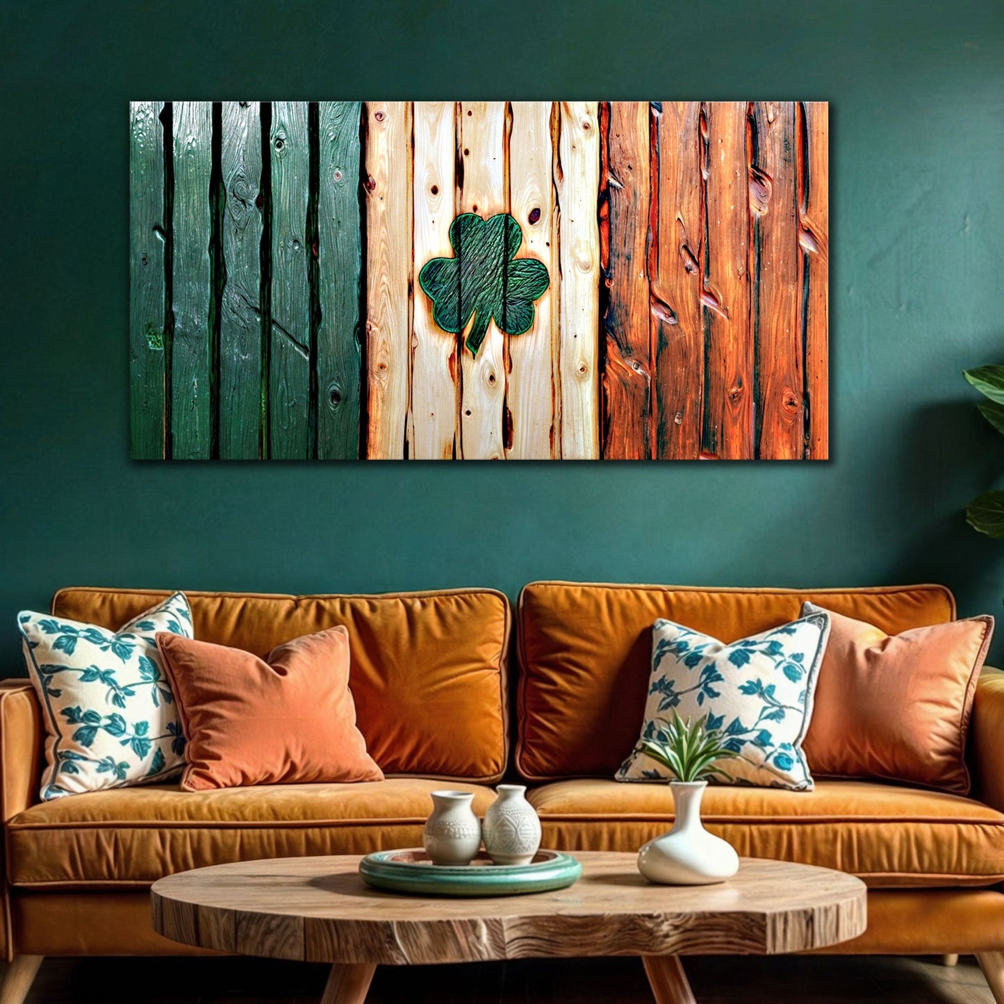 Irish Shamrock Glory wooden flag wall art canvas Tailored Canvases green slats with shamrock on Tampa Home & Garden Store