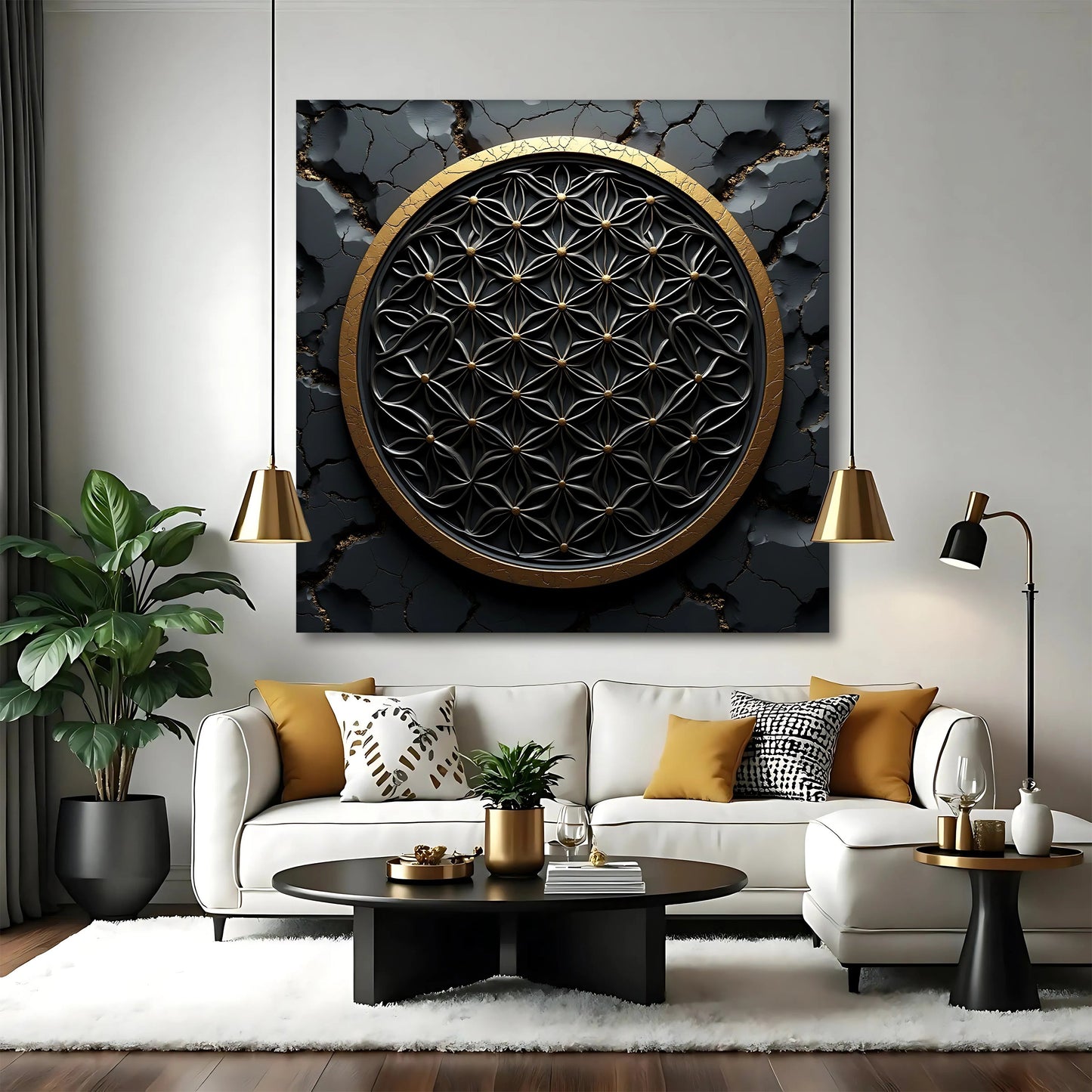 Flower Of Life Wall Art III canvas with black geometric lattice and gold ring on Tampa Home & Garden Store