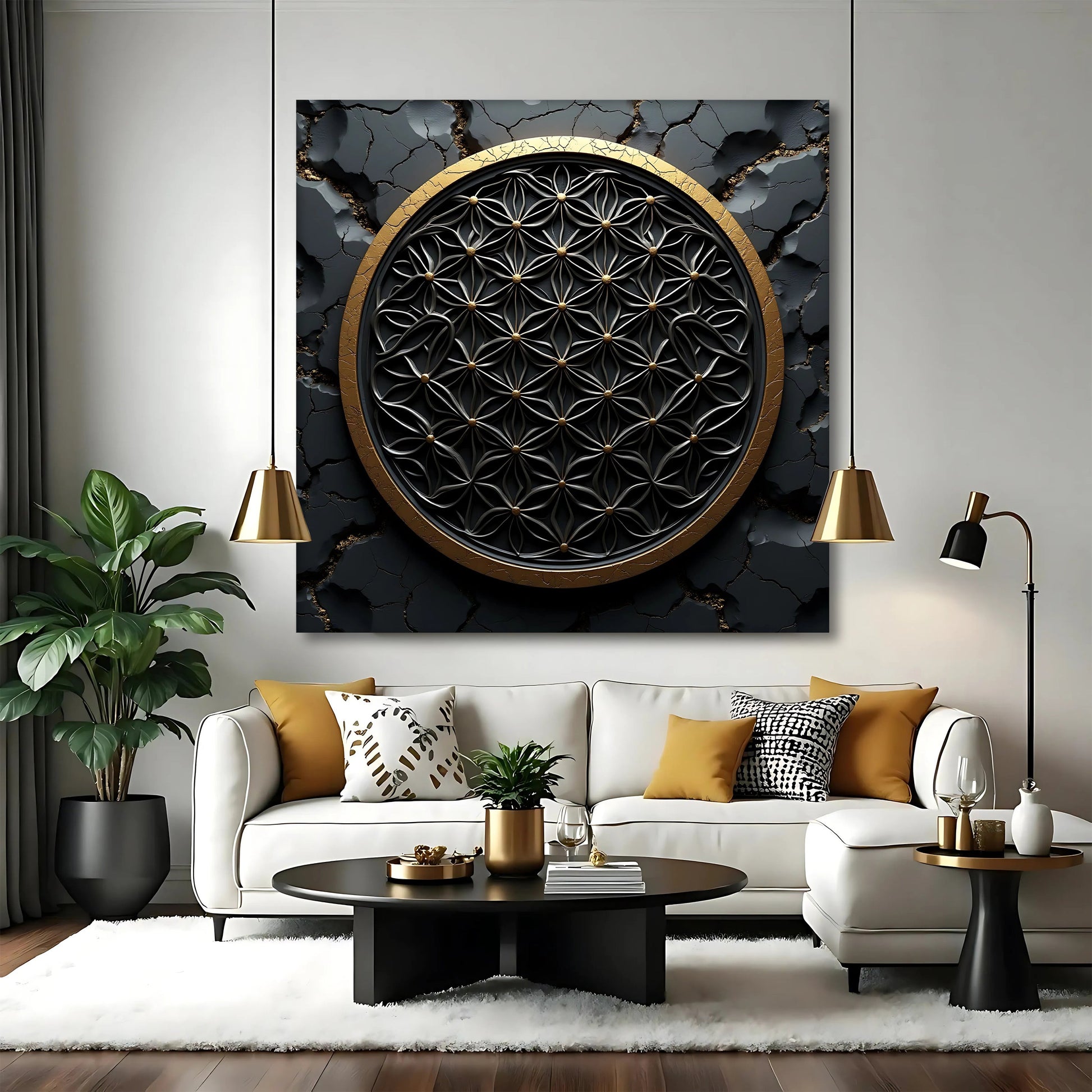Flower Of Life Wall Art III canvas with black geometric lattice and gold ring on Tampa Home & Garden Store