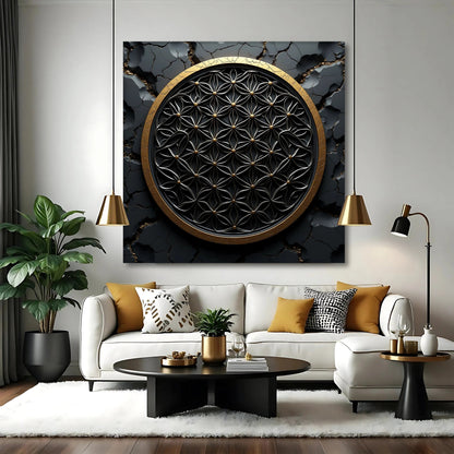 Flower Of Life Wall Art III canvas with black geometric lattice and gold ring on Tampa Home & Garden Store