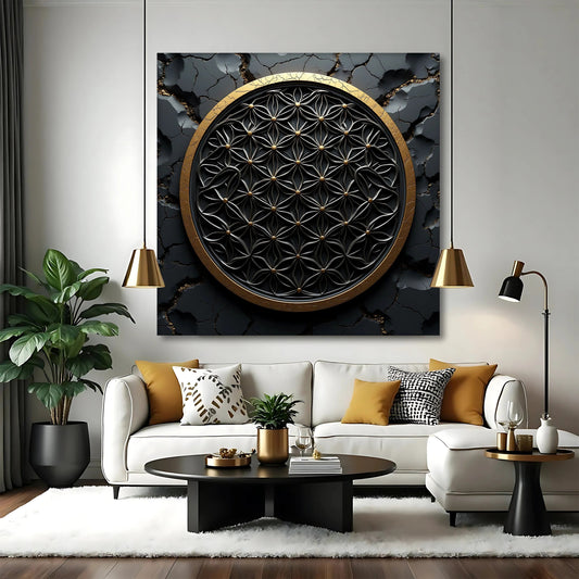 Flower Of Life Wall Art III canvas with black geometric lattice and gold ring on Tampa Home & Garden Store