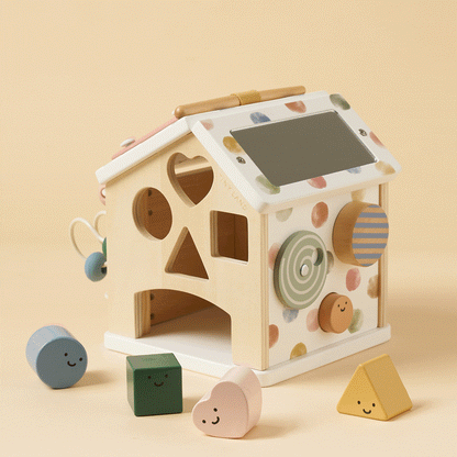 Tiny Land Cottage Activity Cube Morandi wooden baby toy with pastel shapes on Tampa Home & Garden Store