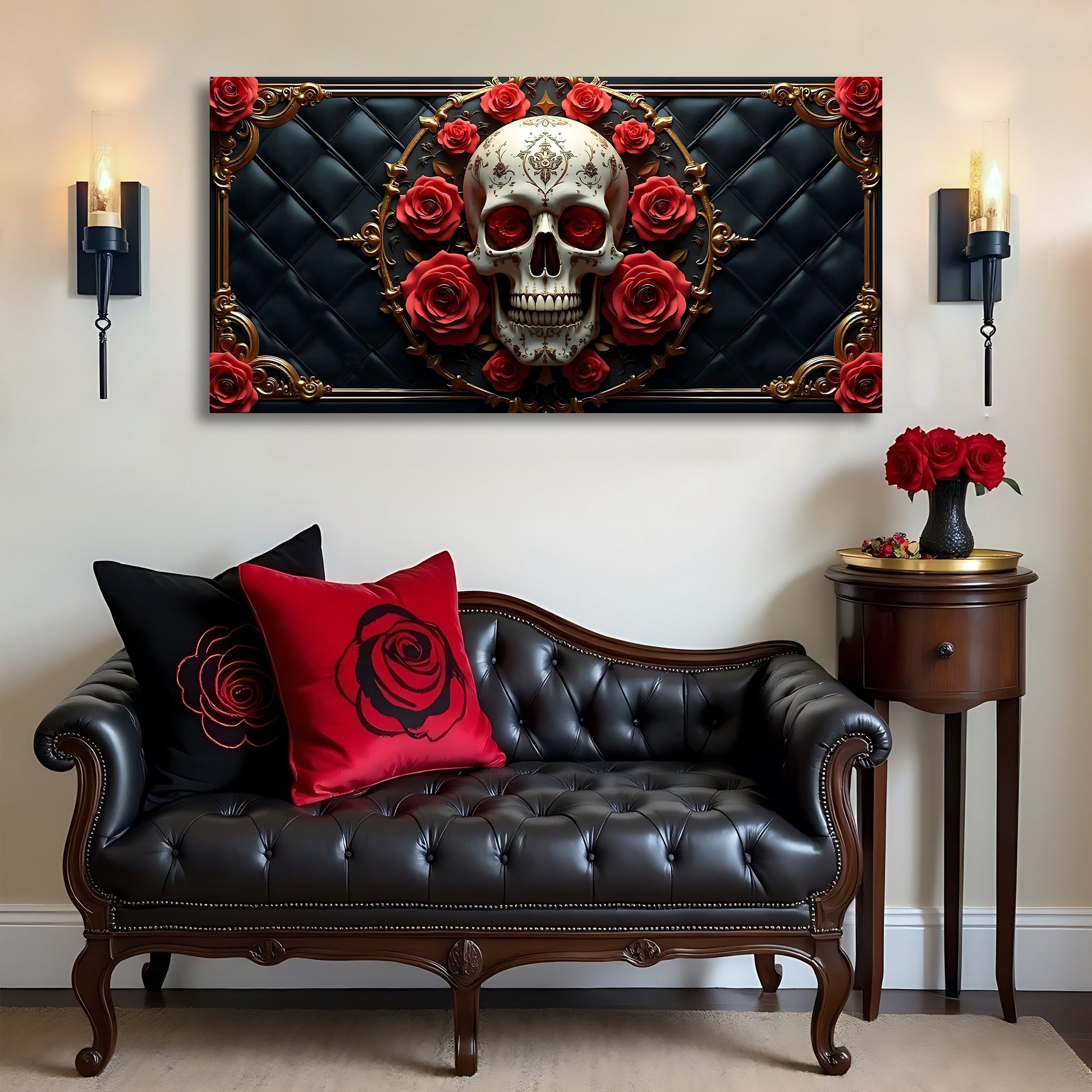 3D Rose and Skull Wall Art VII Canvas with gold frame and red roses on black backdrop on Tampa Home & Garden Store