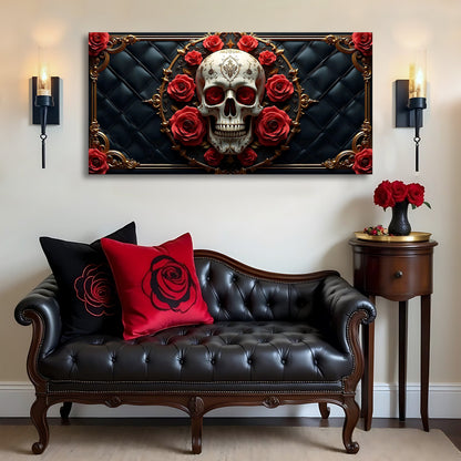3D Rose and Skull Wall Art VII Canvas with gold frame and red roses on black backdrop on Tampa Home & Garden Store