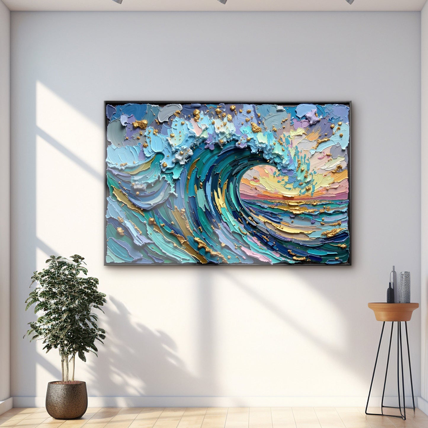 Golden Tide Wall Art canvas by Tailored Canvases in bold blue teal swirls with gold accents on Tampa Home & Garden Store