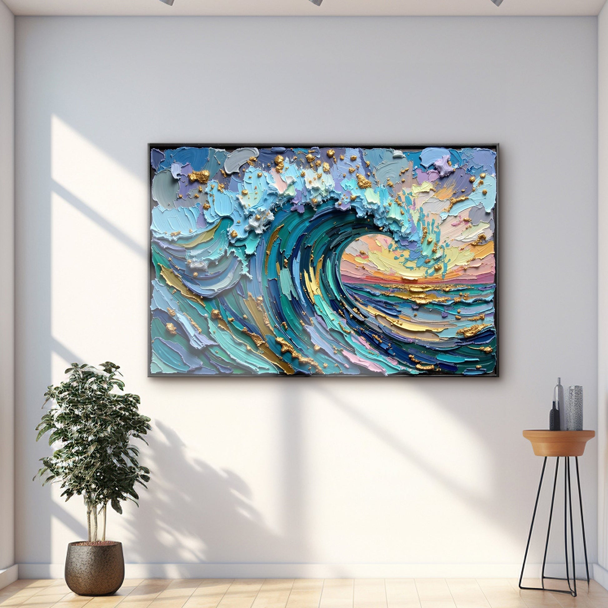 Golden Tide Wall Art canvas by Tailored Canvases in bold blue teal swirls with gold accents on Tampa Home & Garden Store