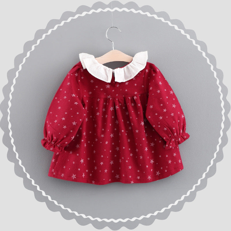 Stevvex red star-print infant dress with white Peter Pan collar and long puff sleeves on Tampa Home & Garden Store