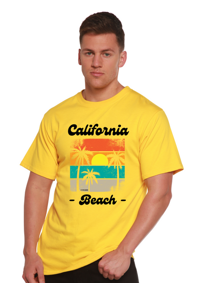 Unisex California Beach graphic T-shirt in bright yellow bamboo viscose/organic cotton on Tampa Home & Garden Store
