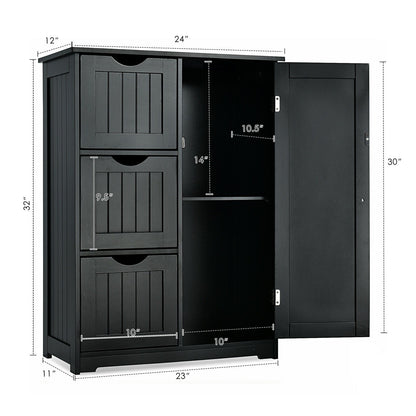 Armario de suelo para baño, armario de almacenamiento lateral con 3 cajones y 1 compartimento - Negro