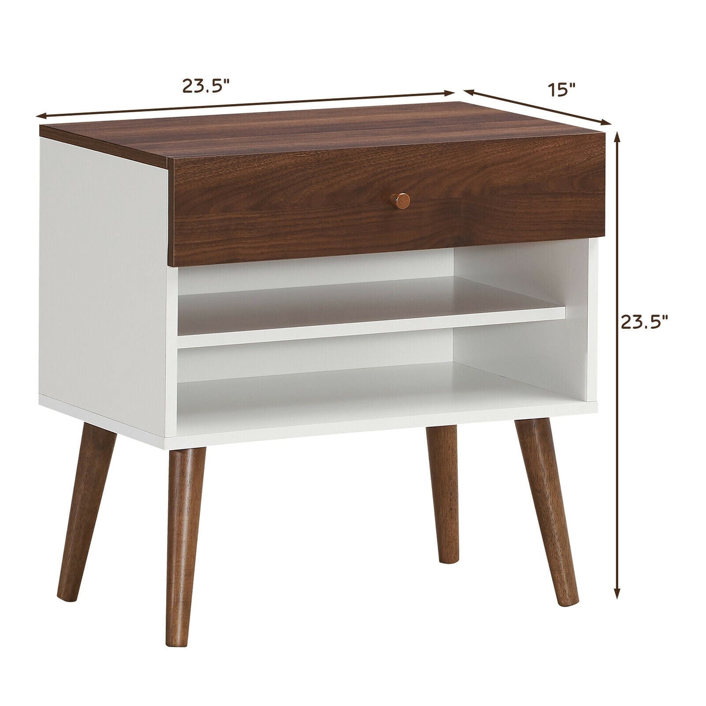 Mesa de noche de mediados de siglo con cajón y patas de madera de caucho