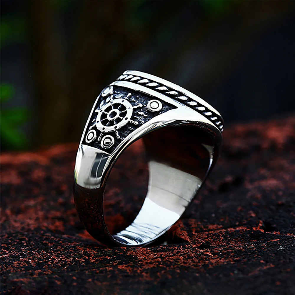 Corsair's Oath ring, silver-toned steel with gear engraving and rope-edge detail by BikerZoneZ on Tampa Home & Garden Store