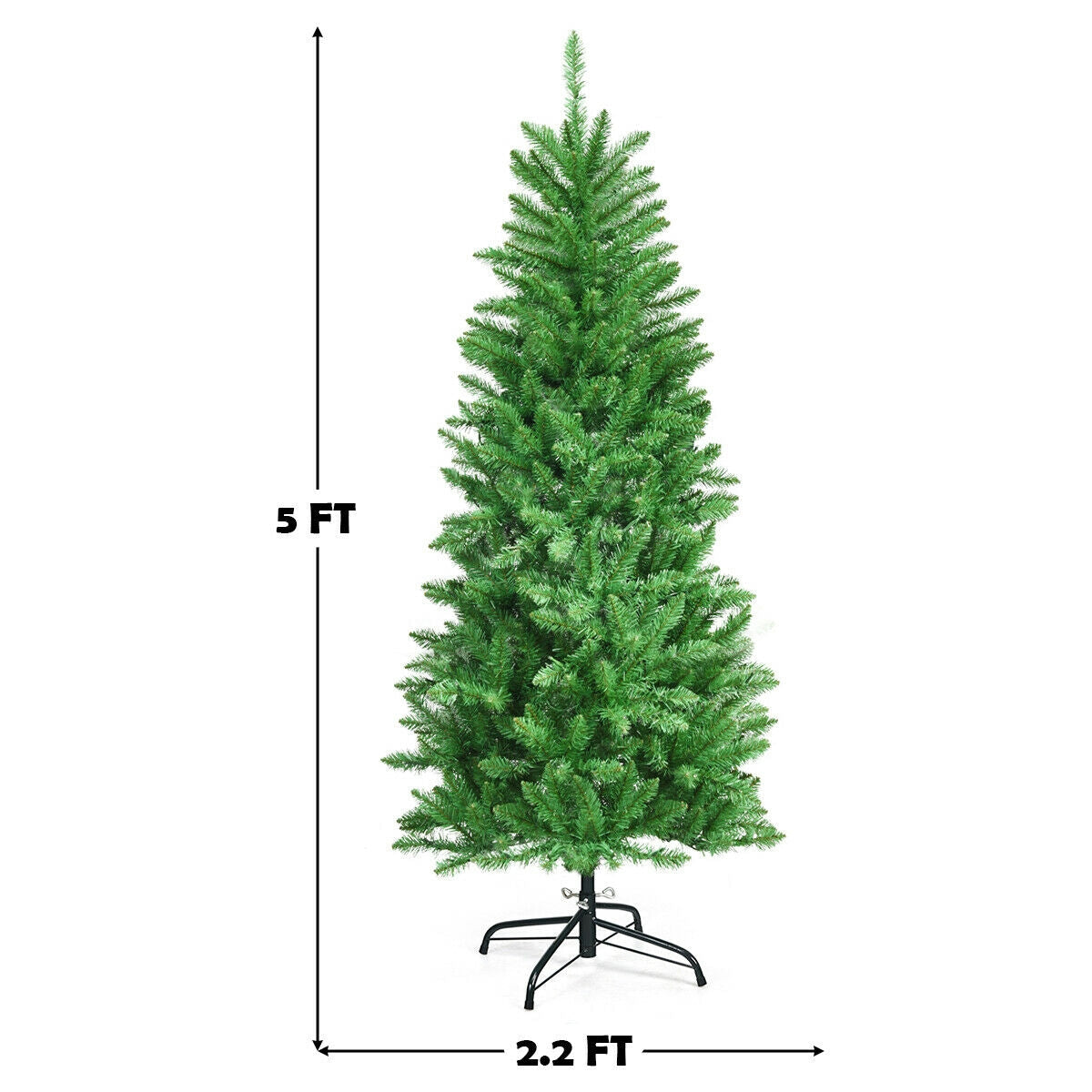5 ft PVC hinged fir pencil Christmas tree with 150 lights on black metal stand on Tampa Home & Garden Store