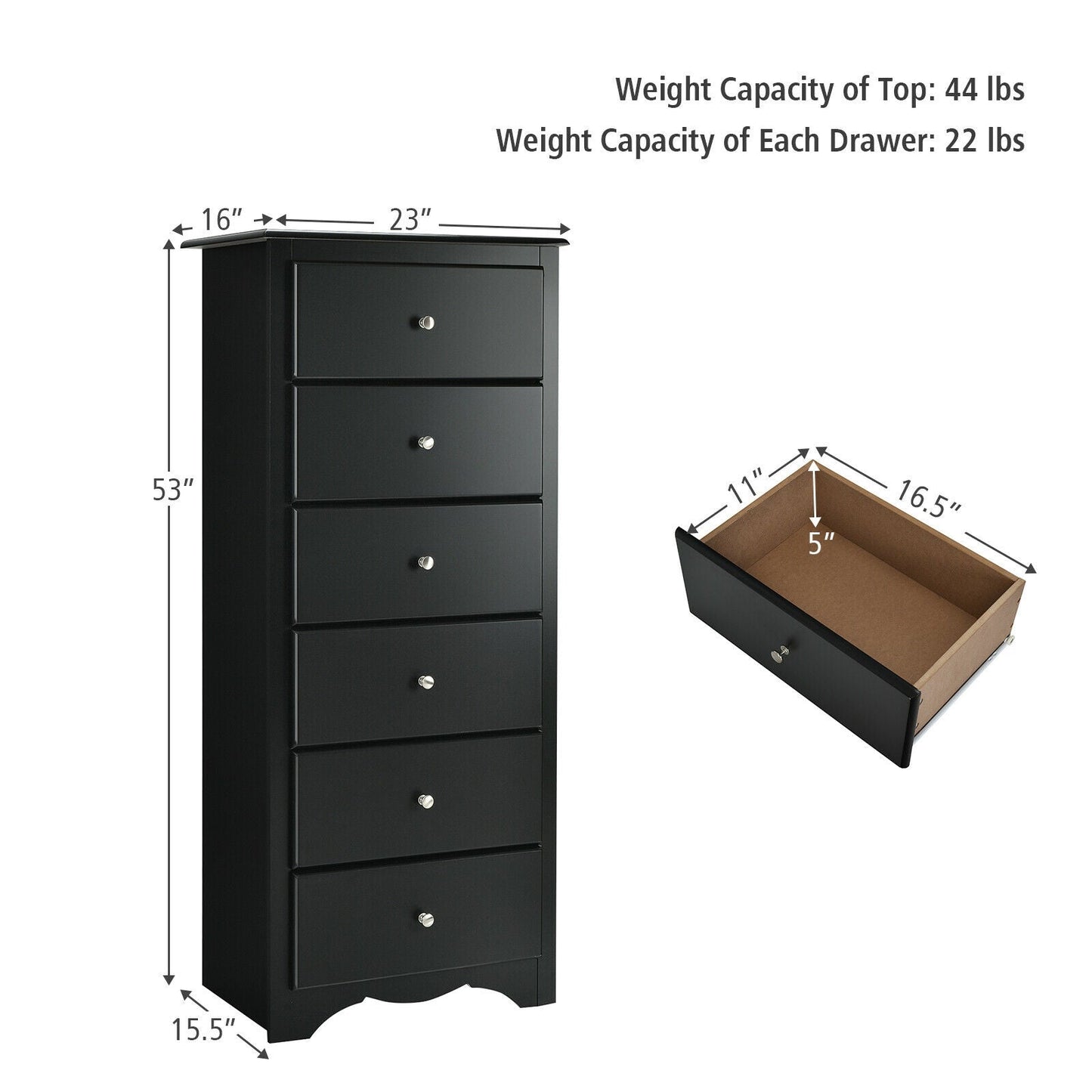 Cómoda de 6 cajones, mueble de almacenamiento de ropa para dormitorio - Negro