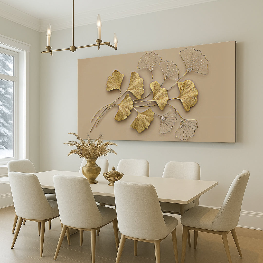 Golden Botanical Wall Art Canvas by Tailored Canvases with metallic gold ginkgo leaves on Tampa Home & Garden Store