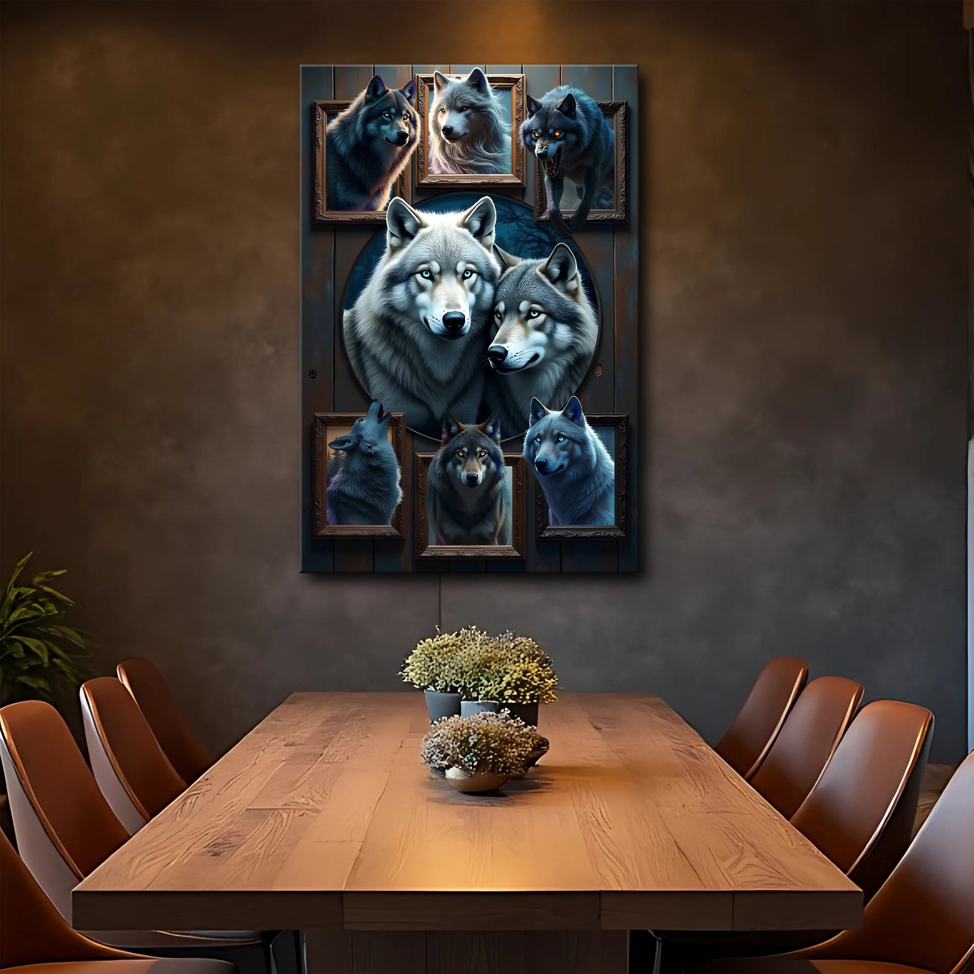 3D Wolf Collage Canvas wall art by Tailored Canvases, blue-gray wolves in multi-panel framed art on Tampa Home & Garden Store
