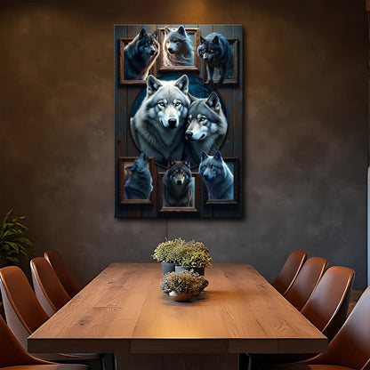 3D Wolf Collage Canvas wall art by Tailored Canvases, blue-gray wolves in multi-panel framed art on Tampa Home & Garden Store