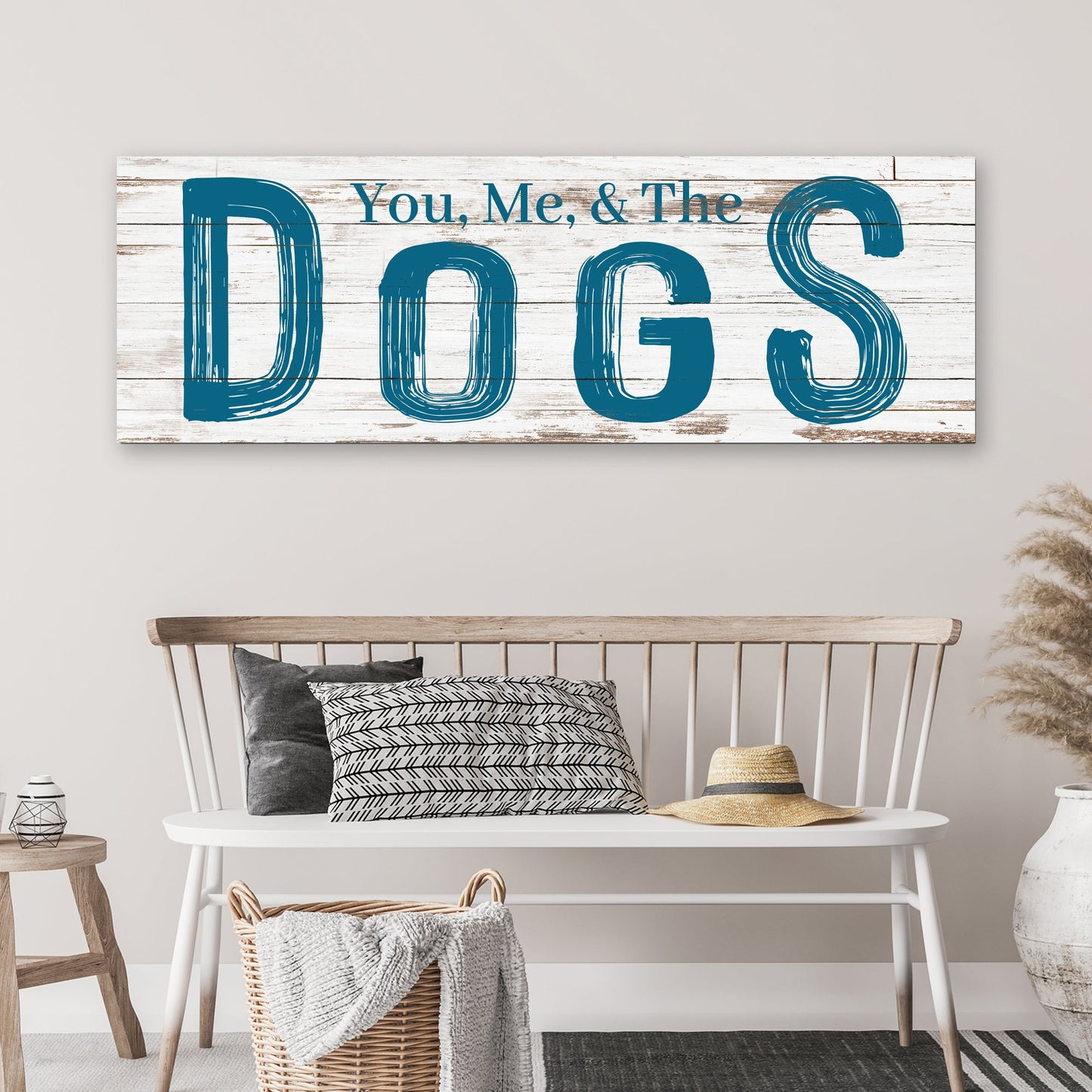 Canvas sign You, Me & The Dogs by Tailored Canvases on distressed white wood with teal DOGS on Tampa Home & Garden Store