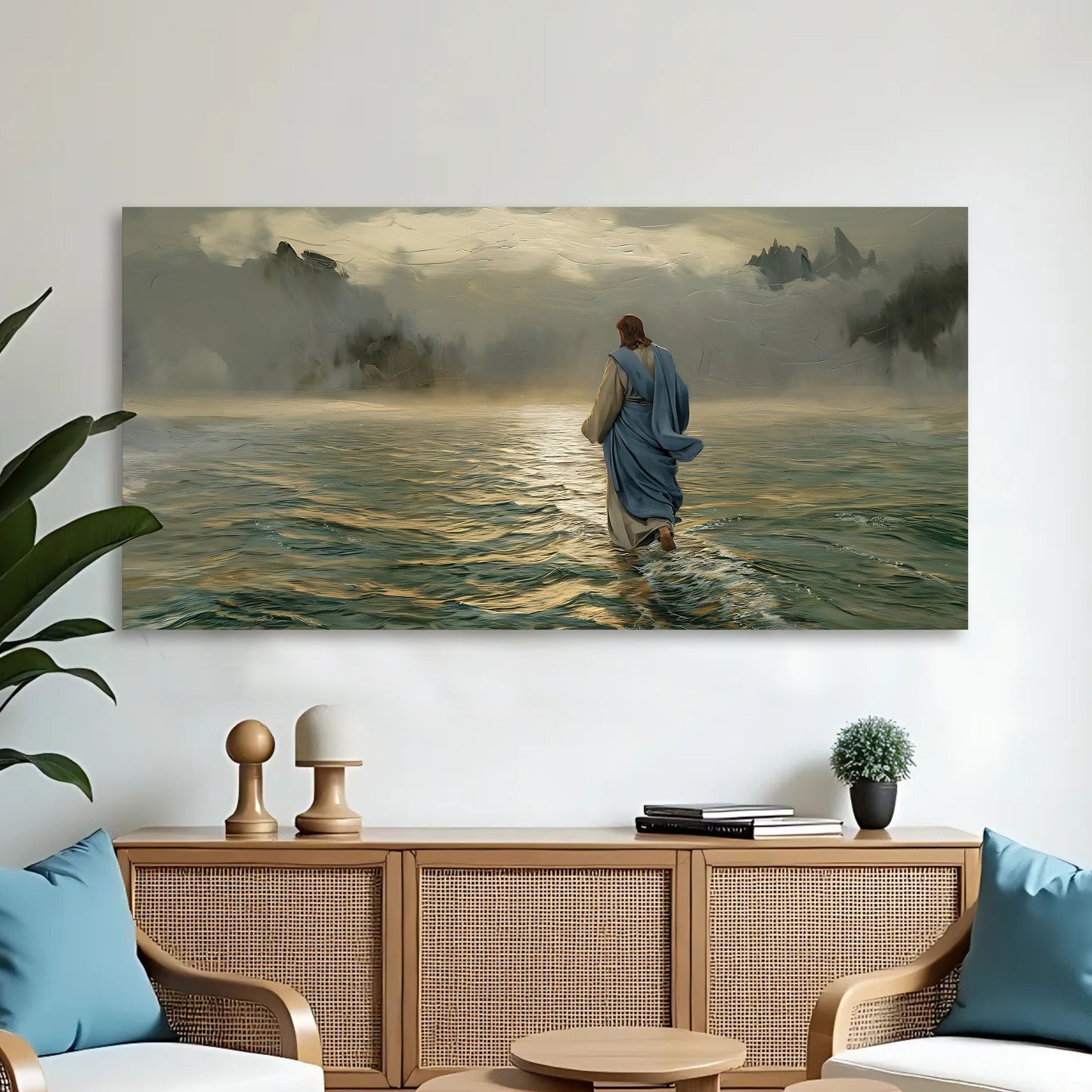 Walking on Water Faith Wall Art VI canvas by Tailored Canvases; blue-robed figure on misty lake on Tampa Home & Garden Store
