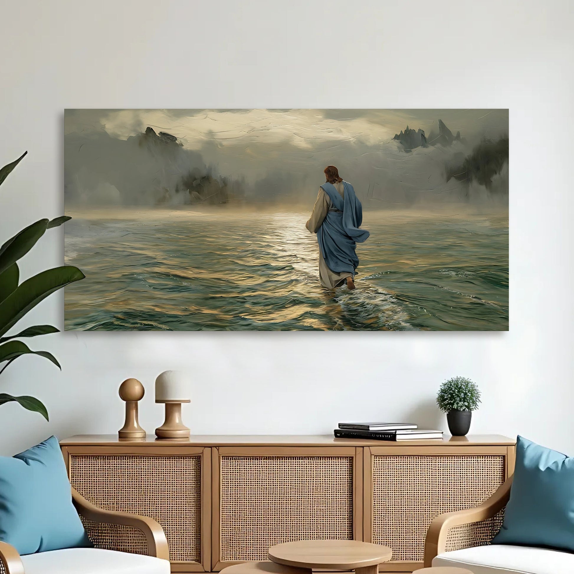 Walking on Water Faith Wall Art VI canvas by Tailored Canvases; blue-robed figure on misty lake on Tampa Home & Garden Store